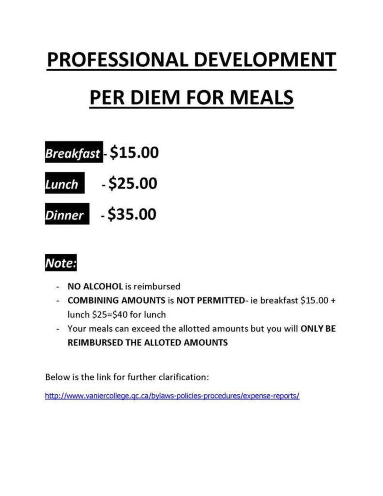 PER DIEM FOR MEALS The VCTA Vanier College Teachers Association
